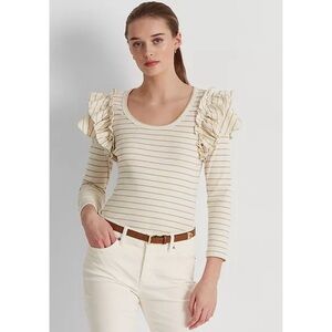 Lauren Ralph Lauren Metallic Striped Ruffle-Trim Knit Top Sz Large